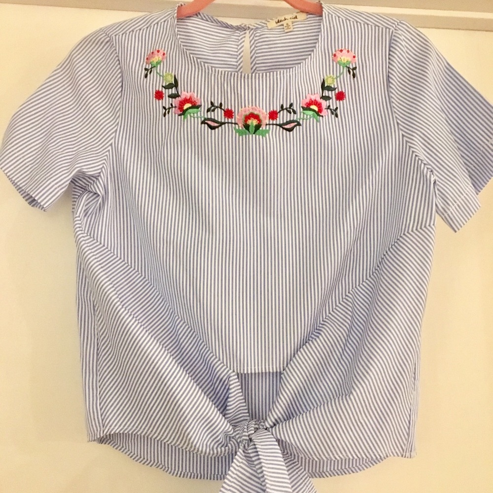 Blue & White Cropped Shirt with Floral Embroidery